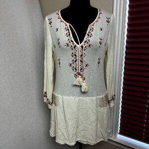 Miss Me dress sz‎ M Cream Embroidered Drop Waist gauzy w/Tassel boho festival
